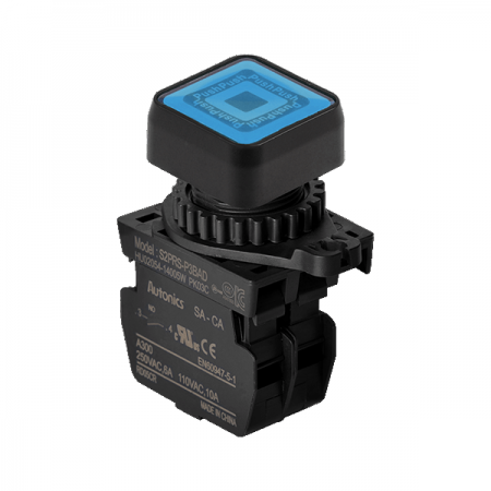 디바이스마트,스위치/부저/전기부품 > 산업용 스위치/제어 기기 > 제어/안전 스위치 > 누름버튼 스위치(25파이 이상),(주)오토닉스,Ø22/25 누름버튼 스위치 S2PRS-P3BADM,취부경 Ø22/25 누름버튼스위치 / 외형:정사각형 / 버튼형태:[조광형] 돌출형 / 색상:청색 / 화살표방향:일반 / 접점블록:A접점 1개 / LED블록:AC/DC 전압형 / 구형 접점블록