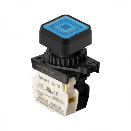 디바이스마트,스위치/부저/전기부품 > 산업용 스위치/제어 기기 > 제어/안전 스위치 > 누름버튼 스위치(25파이 이상),(주)오토닉스,Ø22/25 누름버튼 스위치 S2PRS-P3BBDM,취부경 Ø22/25 누름버튼스위치 / 외형:정사각형 / 버튼형태:[조광형] 돌출형 / 색상:청색 / 화살표방향:일반 / 접점블록:B접점 1개 / LED블록:AC/DC 전압형 / 구형 접점블록