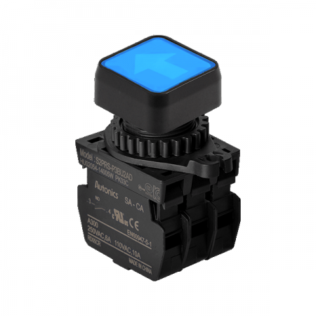 디바이스마트,스위치/부저/전기부품 > 산업용 스위치/제어 기기 > 제어/안전 스위치 > 누름버튼 스위치(25파이 이상),(주)오토닉스,Ø22/25 누름버튼 스위치 S2PRS-P3BU2ADM,취부경 Ø22/25 누름버튼스위치 / 외형:정사각형 / 버튼형태:[조광형] 돌출형 / 색상:청색 / 화살표방향:상/하 / 접점블록:A접점 2개 / LED블록:AC/DC 전압형 / 구형 접점블록