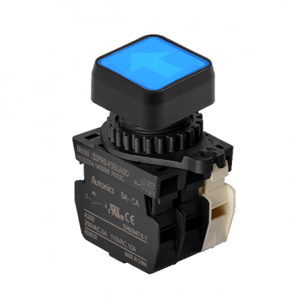 디바이스마트,스위치/부저/전기부품 > 산업용 스위치/제어 기기 > 제어/안전 스위치 > 누름버튼 스위치(25파이 이상),(주)오토닉스,Ø22/25 누름버튼 스위치 S2PRS-P3BUABLM,취부경 Ø22/25 누름버튼스위치 / 외형:정사각형 / 버튼형태:[조광형] 돌출형 / 색상:청색 / 화살표방향:상/하 / 접점블록:A접점 1개, B접점 1개 / LED블록:AC 전압형 / 구형 접점블록