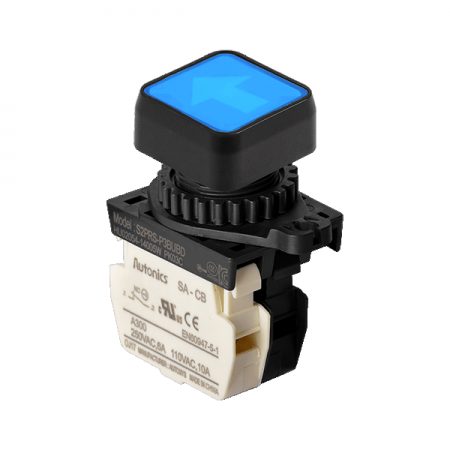 디바이스마트,스위치/부저/전기부품 > 산업용 스위치/제어 기기 > 제어/안전 스위치 > 누름버튼 스위치(25파이 이상),(주)오토닉스,Ø22/25 누름버튼 스위치 S2PRS-P3BUBLM,취부경 Ø22/25 누름버튼스위치 / 외형:정사각형 / 버튼형태:[조광형] 돌출형 / 색상:청색 / 화살표방향:상/하 / 접점블록:B접점 1개 / LED블록:AC 전압형 / 구형 접점블록