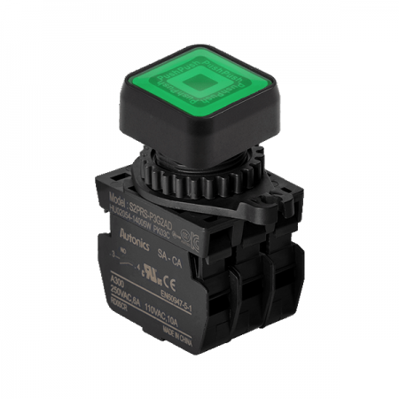 디바이스마트,스위치/부저/전기부품 > 산업용 스위치/제어 기기 > 제어/안전 스위치 > 누름버튼 스위치(25파이 이상),(주)오토닉스,Ø22/25 누름버튼 스위치 S2PRS-P3G2AD,취부경 Ø22/25 누름버튼스위치 / 외형:정사각형 / 버튼형태:[조광형] 돌출형 / 색상:녹색 / 화살표방향:일반 / 접점블록:A접점 2개 / LED블록:AC/DC 전압형 / 신형 접점블록