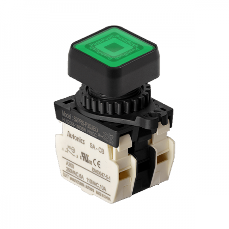 디바이스마트,스위치/부저/전기부품 > 산업용 스위치/제어 기기 > 제어/안전 스위치 > 누름버튼 스위치(25파이 이상),(주)오토닉스,Ø22/25 누름버튼 스위치 S2PRS-P3G2BD,취부경 Ø22/25 누름버튼스위치 / 외형:정사각형 / 버튼형태:[조광형] 돌출형 / 색상:녹색 / 화살표방향:일반 / 접점블록:B접점 2개 / LED블록:AC/DC 전압형 / 신형 접점블록