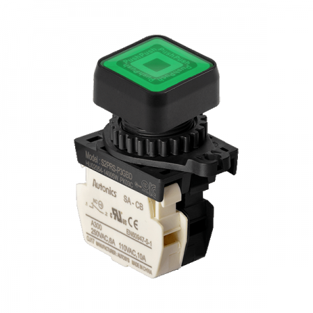 디바이스마트,스위치/부저/전기부품 > 산업용 스위치/제어 기기 > 제어/안전 스위치 > 누름버튼 스위치(25파이 이상),(주)오토닉스,Ø22/25 누름버튼 스위치 S2PRS-P3GBD,취부경 Ø22/25 누름버튼스위치 / 외형:정사각형 / 버튼형태:[조광형] 돌출형 / 색상:녹색 / 화살표방향:일반 / 접점블록:B접점 1개 / LED블록:AC/DC 전압형 / 신형 접점블록