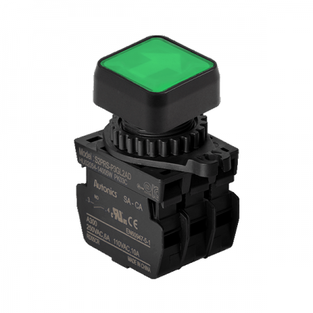 디바이스마트,스위치/부저/전기부품 > 산업용 스위치/제어 기기 > 제어/안전 스위치 > 누름버튼 스위치(25파이 이상),(주)오토닉스,Ø22/25 누름버튼 스위치 S2PRS-P3GL2AD,취부경 Ø22/25 누름버튼스위치 / 외형:정사각형 / 버튼형태:[조광형] 돌출형 / 색상:녹색 / 화살표방향:좌/우 / 접점블록:A접점 2개 / LED블록:AC/DC 전압형 / 신형 접점블록