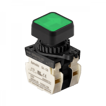 디바이스마트,스위치/부저/전기부품 > 산업용 스위치/제어 기기 > 제어/안전 스위치 > 누름버튼 스위치(25파이 이상),(주)오토닉스,Ø22/25 누름버튼 스위치 S2PRS-P3GL2BD,취부경 Ø22/25 누름버튼스위치 / 외형:정사각형 / 버튼형태:[조광형] 돌출형 / 색상:녹색 / 화살표방향:좌/우 / 접점블록:B접점 2개 / LED블록:AC/DC 전압형 / 신형 접점블록
