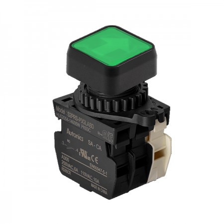디바이스마트,스위치/부저/전기부품 > 산업용 스위치/제어 기기 > 제어/안전 스위치 > 누름버튼 스위치(25파이 이상),(주)오토닉스,Ø22/25 누름버튼 스위치 S2PRS-P3GLABD,취부경 Ø22/25 누름버튼스위치 / 외형:정사각형 / 버튼형태:[조광형] 돌출형 / 색상:녹색 / 화살표방향:좌/우 / 접점블록:A접점 1개, B접점 1개 / LED블록:AC/DC 전압형 / 신형 접점블록
