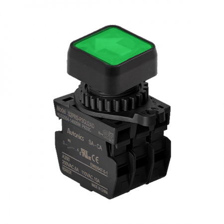 디바이스마트,스위치/부저/전기부품 > 산업용 스위치/제어 기기 > 제어/안전 스위치 > 누름버튼 스위치(25파이 이상),(주)오토닉스,Ø22/25 누름버튼 스위치 S2PRS-P3GU2AL,취부경 Ø22/25 누름버튼스위치 / 외형:정사각형 / 버튼형태:[조광형] 돌출형 / 색상:녹색 / 화살표방향:상/하 / 접점블록:A접점 2개 / LED블록:AC 전압형 / 신형 접점블록
