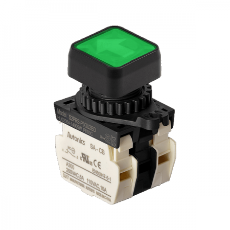 디바이스마트,스위치/부저/전기부품 > 산업용 스위치/제어 기기 > 제어/안전 스위치 > 누름버튼 스위치(25파이 이상),(주)오토닉스,Ø22/25 누름버튼 스위치 S2PRS-P3GU2BLM,취부경 Ø22/25 누름버튼스위치 / 외형:정사각형 / 버튼형태:[조광형] 돌출형 / 색상:녹색 / 화살표방향:상/하 / 접점블록:B접점 2개 / LED블록:AC 전압형 / 구형 접점블록