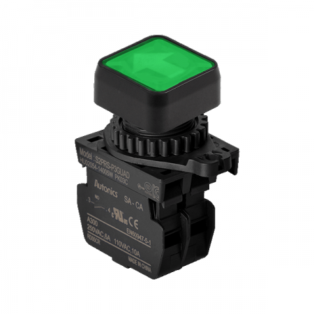 디바이스마트,스위치/부저/전기부품 > 산업용 스위치/제어 기기 > 제어/안전 스위치 > 누름버튼 스위치(25파이 이상),(주)오토닉스,Ø22/25 누름버튼 스위치 S2PRS-P3GUABLM,취부경 Ø22/25 누름버튼스위치 / 외형:정사각형 / 버튼형태:[조광형] 돌출형 / 색상:녹색 / 화살표방향:상/하 / 접점블록:A접점 1개, B접점 1개 / LED블록:AC 전압형 / 구형 접점블록