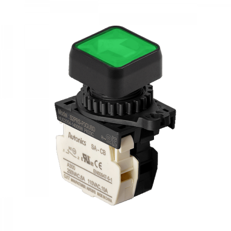 디바이스마트,스위치/부저/전기부품 > 산업용 스위치/제어 기기 > 제어/안전 스위치 > 누름버튼 스위치(25파이 이상),(주)오토닉스,Ø22/25 누름버튼 스위치 S2PRS-P3GUBLM,취부경 Ø22/25 누름버튼스위치 / 외형:정사각형 / 버튼형태:[조광형] 돌출형 / 색상:녹색 / 화살표방향:상/하 / 접점블록:B접점 1개 / LED블록:AC 전압형 / 구형 접점블록