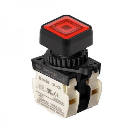 디바이스마트,스위치/부저/전기부품 > 산업용 스위치/제어 기기 > 제어/안전 스위치 > 누름버튼 스위치(25파이 이상),(주)오토닉스,Ø22/25 누름버튼 스위치 S2PRS-P3R2BDM,취부경 Ø22/25 누름버튼스위치 / 외형:정사각형 / 버튼형태:[조광형] 돌출형 / 색상:적색 / 화살표방향:일반 / 접점블록:B접점 2개 / LED블록:AC/DC 전압형 / 구형 접점블록