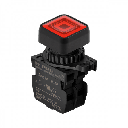 디바이스마트,스위치/부저/전기부품 > 산업용 스위치/제어 기기 > 제어/안전 스위치 > 누름버튼 스위치(25파이 이상),(주)오토닉스,Ø22/25 누름버튼 스위치 S2PRS-P3RAD,취부경 Ø22/25 누름버튼스위치 / 외형:정사각형 / 버튼형태:[조광형] 돌출형 / 색상:적색 / 화살표방향:일반 / 접점블록:A접점 1개 / LED블록:AC/DC 전압형 / 신형 접점블록