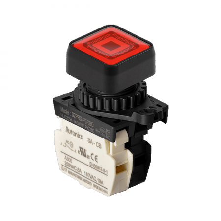 디바이스마트,스위치/부저/전기부품 > 산업용 스위치/제어 기기 > 제어/안전 스위치 > 누름버튼 스위치(25파이 이상),(주)오토닉스,Ø22/25 누름버튼 스위치 S2PRS-P3RBLM,취부경 Ø22/25 누름버튼스위치 / 외형:정사각형 / 버튼형태:[조광형] 돌출형 / 색상:적색 / 화살표방향:일반 / 접점블록:B접점 1개 / LED블록:AC 전압형 / 구형 접점블록