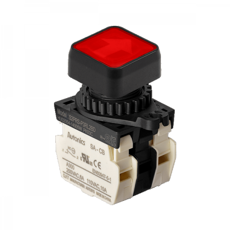 디바이스마트,스위치/부저/전기부품 > 산업용 스위치/제어 기기 > 제어/안전 스위치 > 누름버튼 스위치(25파이 이상),(주)오토닉스,Ø22/25 누름버튼 스위치 S2PRS-P3RL2BLM,취부경 Ø22/25 누름버튼스위치 / 외형:정사각형 / 버튼형태:[조광형] 돌출형 / 색상:적색 / 화살표방향:좌/우 / 접점블록:B접점 2개 / LED블록:AC 전압형 / 구형 접점블록