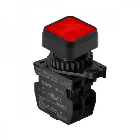 디바이스마트,스위치/부저/전기부품 > 산업용 스위치/제어 기기 > 제어/안전 스위치 > 누름버튼 스위치(25파이 이상),(주)오토닉스,Ø22/25 누름버튼 스위치 S2PRS-P3RLAD,취부경 Ø22/25 누름버튼스위치 / 외형:정사각형 / 버튼형태:[조광형] 돌출형 / 색상:적색 / 화살표방향:좌/우 / 접점블록:A접점 1개 / LED블록:AC/DC 전압형 / 신형 접점블록
