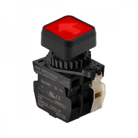 디바이스마트,스위치/부저/전기부품 > 산업용 스위치/제어 기기 > 제어/안전 스위치 > 누름버튼 스위치(25파이 이상),(주)오토닉스,Ø22/25 누름버튼 스위치 S2PRS-P3RUABDM,취부경 Ø22/25 누름버튼스위치 / 외형:정사각형 / 버튼형태:[조광형] 돌출형 / 색상:적색 / 화살표방향:상/하 / 접점블록:A접점 1개, B접점 1개 / LED블록:AC/DC 전압형 / 구형 접점블록