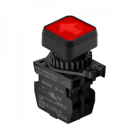 디바이스마트,스위치/부저/전기부품 > 산업용 스위치/제어 기기 > 제어/안전 스위치 > 누름버튼 스위치(25파이 이상),(주)오토닉스,Ø22/25 누름버튼 스위치 S2PRS-P3RUADM,취부경 Ø22/25 누름버튼스위치 / 외형:정사각형 / 버튼형태:[조광형] 돌출형 / 색상:적색 / 화살표방향:상/하 / 접점블록:A접점 1개 / LED블록:AC/DC 전압형 / 구형 접점블록