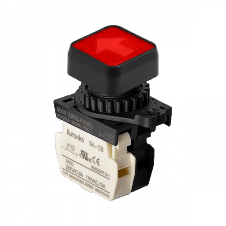 디바이스마트,스위치/부저/전기부품 > 산업용 스위치/제어 기기 > 제어/안전 스위치 > 누름버튼 스위치(25파이 이상),(주)오토닉스,Ø22/25 누름버튼 스위치 S2PRS-P3RUBDM,취부경 Ø22/25 누름버튼스위치 / 외형:정사각형 / 버튼형태:[조광형] 돌출형 / 색상:적색 / 화살표방향:상/하 / 접점블록:B접점 1개 / LED블록:AC/DC 전압형 / 구형 접점블록