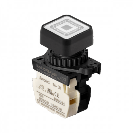 디바이스마트,스위치/부저/전기부품 > 산업용 스위치/제어 기기 > 제어/안전 스위치 > 누름버튼 스위치(25파이 이상),(주)오토닉스,Ø22/25 누름버튼 스위치 S2PRS-P3WBL,취부경 Ø22/25 누름버튼스위치 / 외형:정사각형 / 버튼형태:[조광형] 돌출형 / 색상:백색 / 화살표방향:일반 / 접점블록:B접점 1개 / LED블록:AC 전압형 / 신형 접점블록