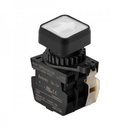 디바이스마트,스위치/부저/전기부품 > 산업용 스위치/제어 기기 > 제어/안전 스위치 > 누름버튼 스위치(25파이 이상),(주)오토닉스,Ø22/25 누름버튼 스위치 S2PRS-P3WLABLM,취부경 Ø22/25 누름버튼스위치 / 외형:정사각형 / 버튼형태:[조광형] 돌출형 / 색상:백색 / 화살표방향:좌/우 / 접점블록:A접점 1개, B접점 1개 / LED블록:AC 전압형 / 구형 접점블록