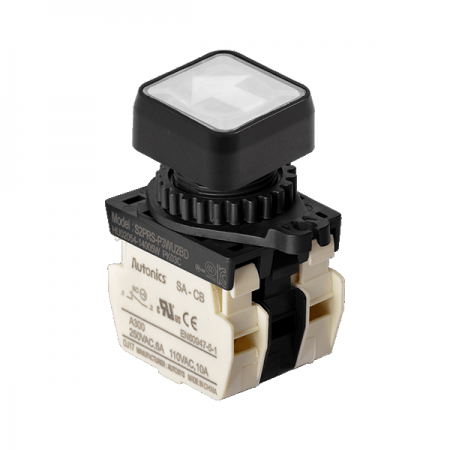 디바이스마트,스위치/부저/전기부품 > 산업용 스위치/제어 기기 > 제어/안전 스위치 > 누름버튼 스위치(25파이 이상),(주)오토닉스,Ø22/25 누름버튼 스위치 S2PRS-P3WU2BLM,취부경 Ø22/25 누름버튼스위치 / 외형:정사각형 / 버튼형태:[조광형] 돌출형 / 색상:백색 / 화살표방향:상/하 / 접점블록:B접점 2개 / LED블록:AC 전압형 / 구형 접점블록