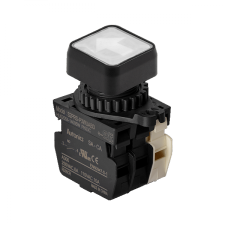 디바이스마트,스위치/부저/전기부품 > 산업용 스위치/제어 기기 > 제어/안전 스위치 > 누름버튼 스위치(25파이 이상),(주)오토닉스,Ø22/25 누름버튼 스위치 S2PRS-P3WUABDM,취부경 Ø22/25 누름버튼스위치 / 외형:정사각형 / 버튼형태:[조광형] 돌출형 / 색상:백색 / 화살표방향:상/하 / 접점블록:A접점 1개, B접점 1개 / LED블록:AC/DC 전압형 / 구형 접점블록