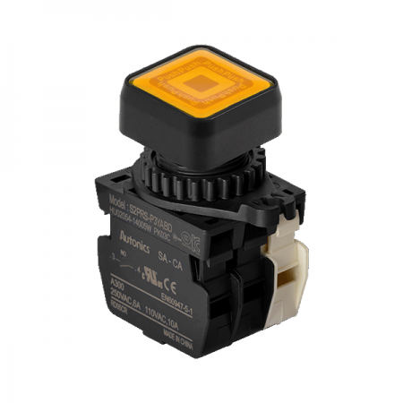 디바이스마트,스위치/부저/전기부품 > 산업용 스위치/제어 기기 > 제어/안전 스위치 > 누름버튼 스위치(25파이 이상),(주)오토닉스,Ø22/25 누름버튼 스위치 S2PRS-P3YABD,취부경 Ø22/25 누름버튼스위치 / 외형:정사각형 / 버튼형태:[조광형] 돌출형 / 색상:황색 / 화살표방향:일반 / 접점블록:A접점 1개, B접점 1개 / LED블록:AC/DC 전압형 / 신형 접점블록