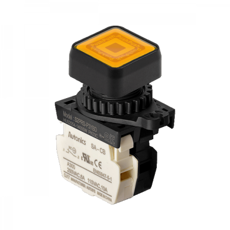 디바이스마트,스위치/부저/전기부품 > 산업용 스위치/제어 기기 > 제어/안전 스위치 > 누름버튼 스위치(25파이 이상),(주)오토닉스,Ø22/25 누름버튼 스위치 S2PRS-P3YBLM,취부경 Ø22/25 누름버튼스위치 / 외형:정사각형 / 버튼형태:[조광형] 돌출형 / 색상:황색 / 화살표방향:일반 / 접점블록:B접점 1개 / LED블록:AC 전압형 / 구형 접점블록