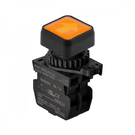 디바이스마트,스위치/부저/전기부품 > 산업용 스위치/제어 기기 > 제어/안전 스위치 > 누름버튼 스위치(25파이 이상),(주)오토닉스,Ø22/25 누름버튼 스위치 S2PRS-P3YLAD,취부경 Ø22/25 누름버튼스위치 / 외형:정사각형 / 버튼형태:[조광형] 돌출형 / 색상:황색 / 화살표방향:좌/우 / 접점블록:A접점 1개 / LED블록:AC/DC 전압형 / 신형 접점블록