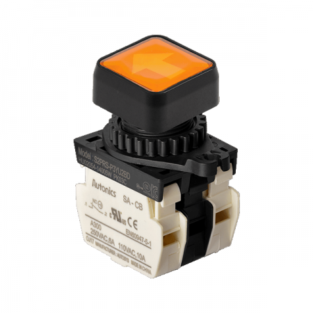 디바이스마트,스위치/부저/전기부품 > 산업용 스위치/제어 기기 > 제어/안전 스위치 > 누름버튼 스위치(25파이 이상),(주)오토닉스,Ø22/25 누름버튼 스위치 S2PRS-P3YU2BLM,취부경 Ø22/25 누름버튼스위치 / 외형:정사각형 / 버튼형태:[조광형] 돌출형 / 색상:황색 / 화살표방향:상/하 / 접점블록:B접점 2개 / LED블록:AC 전압형 / 구형 접점블록