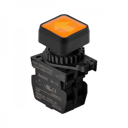 디바이스마트,스위치/부저/전기부품 > 산업용 스위치/제어 기기 > 제어/안전 스위치 > 누름버튼 스위치(25파이 이상),(주)오토닉스,Ø22/25 누름버튼 스위치 S2PRS-P3YUAL,취부경 Ø22/25 누름버튼스위치 / 외형:정사각형 / 버튼형태:[조광형] 돌출형 / 색상:황색 / 화살표방향:상/하 / 접점블록:A접점 1개 / LED블록:AC 전압형 / 신형 접점블록