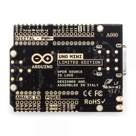 디바이스마트,오픈소스/코딩교육 > 아두이노 > 정품보드/쉴드/키트,Arduino,[한정판] Arduino UNO Mini Limited Edition,ABX00062 / 전 세계 1만개 한정판 / 초소형 Black & Gold 아두이노 우노 / 보드 뒷면(오른쪽 위) 개별 고유번호 각인 / 34.2 x 26.7 x 8mm의 초소형 폼팩터에 USB-C, Atmega328P까지