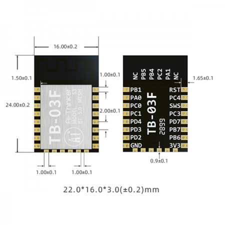 디바이스마트,MCU보드/전자키트 > 통신/네트워크 > 블루투스/BLE,Ai-Thinker,TB-03F 저전력 BLE5.0 모듈,BLE5.0 기반 / 칩셋 :  TLSR8253 / 공급 전압 : 2.7~3.6V / 주파수 범위 : 2400~2483.5Mhz / 크기 : 24*16*3(±0.2)mm