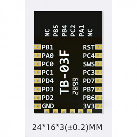 디바이스마트,MCU보드/전자키트 > 통신/네트워크 > 블루투스/BLE,Ai-Thinker,TB-03F 저전력 BLE5.0 모듈,BLE5.0 기반 / 칩셋 :  TLSR8253 / 공급 전압 : 2.7~3.6V / 주파수 범위 : 2400~2483.5Mhz / 크기 : 24*16*3(±0.2)mm