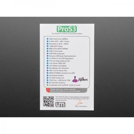 디바이스마트,오픈소스/코딩교육 > 파이썬/IoT 개발 보드 > ESP32,Adafruit,ProS3 - ESP32-S3 Development Board by Unexpected Maker [ada-5401],듀얼 32비트 Xtensa LX7 코어 @ 최대 240Mhz / 2.4GHz 와이파이 - 802.11b/g/n / 8MB의 추가 QSPI PSRAM / 2x 700mA 3.3V LDO 레귤레이터 / LiPo 배터리 충전 + PicoBlade 커넥터