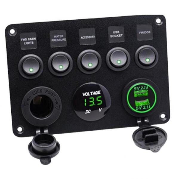 디바이스마트,EV 전기차/캠핑카/그린에너지 > 컨트롤패널/박스 > 컨트롤패널,SMG,12-24v 5구 스위치, 전압계, 듀얼 USB LED 백라이트 패널 (초록) [TYE-SP003],스위치 5구 / 듀얼 USB 포트 / 전압계 / 시가잭 / 그린