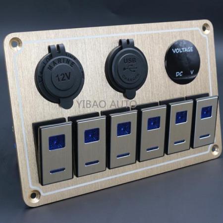 디바이스마트,EV 전기차/캠핑카/그린에너지 > 컨트롤패널/박스 > 컨트롤패널,SMG,12V/24V 6 로커 스위치 듀얼 USB 전압계 패널(골드 6구) [TYE-SP019],스위치 6구 / 파워소켓 / 듀얼 USB / 전압계 / 골드