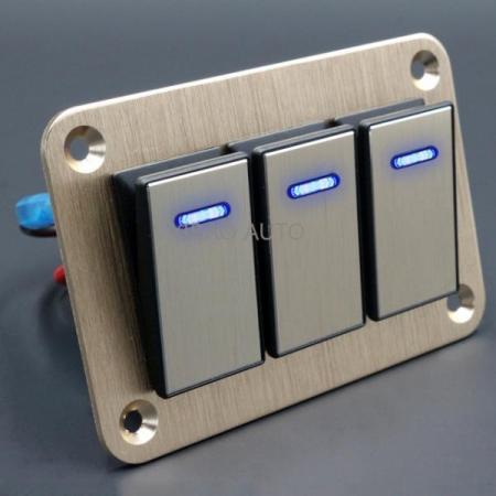 디바이스마트,EV 전기차/캠핑카/그린에너지 > 스위치/커넥터/릴레이 > 스위치/셀렉터,SMG,IP65 12/24 v 로커 스위치 패널 (골드 3구) [TYE-SP022],12/24V / IP65 / 로커스위치 3구 / 골드