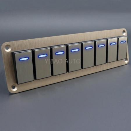 디바이스마트,EV 전기차/캠핑카/그린에너지 > 스위치/커넥터/릴레이 > 스위치/셀렉터,SMG,IP65 12/24 v 로커 스위치 패널 (골드 8구) [TYE-SP025],12/24V / IP65 / 로커스위치 8구 / 골드