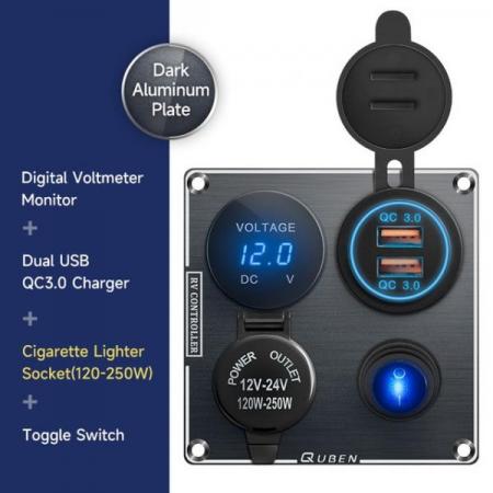 디바이스마트,EV 전기차/캠핑카/그린에너지 > 컨트롤패널/박스 > 컨트롤패널,QUBEN,12V USB 듀얼 시가잭 충전기 5V 어댑터 전압계 패널 (블랙) [TYE-SP031],12V / 스위치 1구 / 시가잭 / LED 전압계 / 듀얼 USB / 블랙
