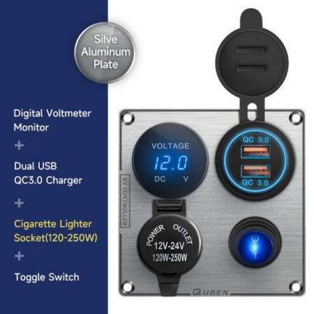 디바이스마트,EV 전기차/캠핑카/그린에너지 > 컨트롤패널/박스 > 컨트롤패널,QUBEN,12V USB 듀얼 시가잭 충전기 5V 어댑터 전압계 패널 (실버) [TYE-SP032],12V / 스위치 1구 / 시가잭 / LED 전압계 / 듀얼 USB / 실버