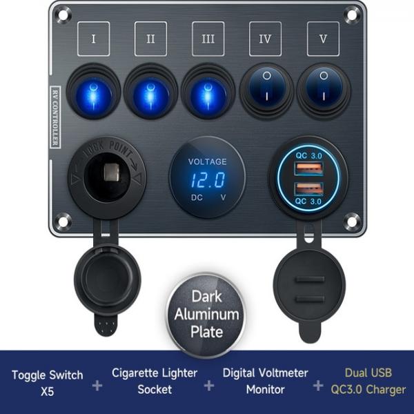 QUBEN 듀얼 USB QC3.0 소켓/LED 전압계/토글 스위치 다기능 패널 (블랙) [TYE-SP033]