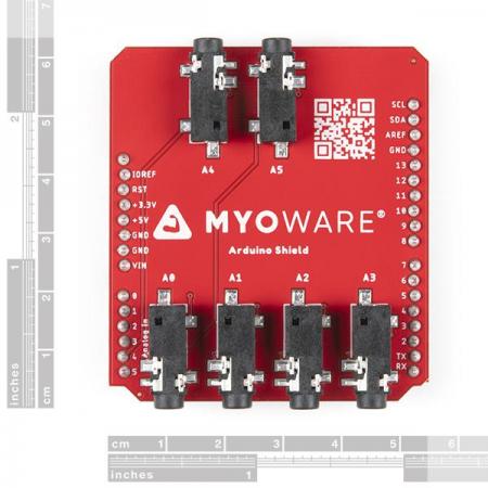 디바이스마트,MCU보드/전자키트 > 센서모듈 > 근전도/심박/바이오 > 근전도/심박센서,SparkFun,MyoWare 2.0 Arduino Shield [DEV-18426],3.5mm TRS-to-TRS 오디오 케이블을 사용하여 최대 6개의 MyoWare 2.0 근육 센서 / 아두이노 Uno R3 호환 / 전압 : 5V / 근육 센서용 3.3V