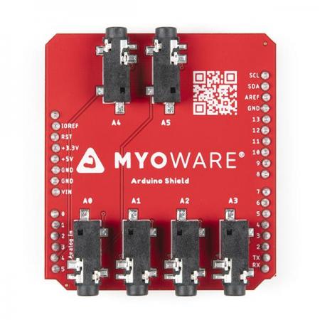 디바이스마트,MCU보드/전자키트 > 센서모듈 > 근전도/심박/바이오 > 근전도/심박센서,SparkFun,MyoWare 2.0 Arduino Shield [DEV-18426],3.5mm TRS-to-TRS 오디오 케이블을 사용하여 최대 6개의 MyoWare 2.0 근육 센서 / 아두이노 Uno R3 호환 / 전압 : 5V / 근육 센서용 3.3V