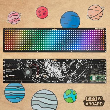 디바이스마트,MCU보드/전자키트 > 디스플레이 > 도트매트릭스,Pimoroni,Galactic Unicorn (Pico W Aboard) [PIM631],53x11 LED 매트릭스 / 2.4GHz 무선 연결 / Dual Arm Cortex M0+ / XiP를 지원하는 2MB의 QSPI 플래시 / 라즈베리파이 피코 W 포함