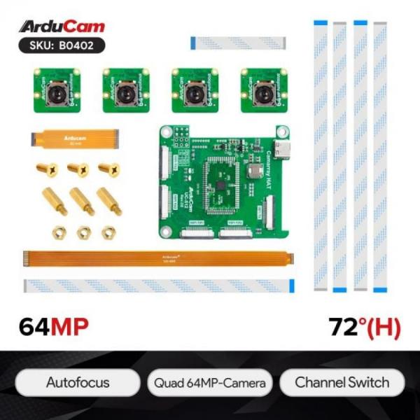 디바이스마트,오픈소스/코딩교육 > 라즈베리파이 > 라즈베리파이 카메라모듈/렌즈,ArduCAM,Arducam 64MP Autofocus Quad-Camera Kit for Raspberry Pi [B0402],Raspberry Pi용 Arducam 64MP 자동 초점 쿼드 카메라 키트 / 초고해상도 멀티플렉싱: 1 Pi에 4 x 64mp 카메라