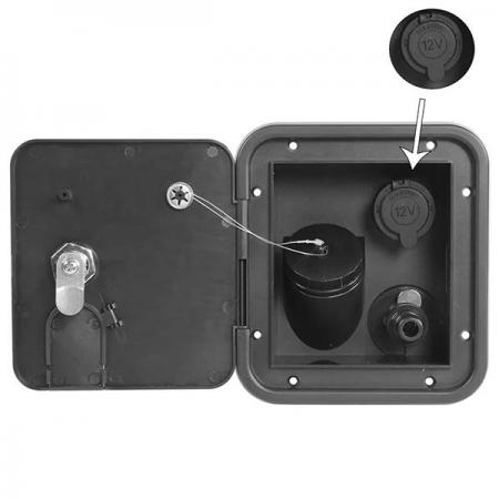 디바이스마트,EV 전기차/캠핑카/그린에너지 > 캠핑/보트 악세사리 > 벤트/해치/입수구,SMG,카라반/캠핑카용 시가잭 외부 수전함 블랙 [TYE-CA025],카라반 외부 수전함 (시가잭 포함) / 잠금기능,  압력 필터 캡 포함 / Size : 150*166.4mm / 블랙