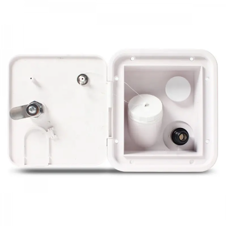 디바이스마트,EV 전기차/캠핑카/그린에너지 > 캠핑/보트 악세사리 > 벤트/해치/입수구,SMG,카라반/캠핑카용 사각 외부 수전함 화이트 [TYE-CA026],카라반 외부 수전함 (시가잭 미포함) / 일반 입수구, 압력 입수구 / 잠금장치 포함 / Size : 150*166.4*95mm / 화이트