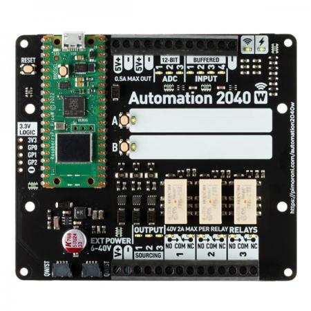 디바이스마트,오픈소스/코딩교육 > 라즈베리파이 > 라즈베리파이 확장보드/HAT,Pimoroni,Automation 2040 W (Pico W Aboard) [PIM632],2.4GHz 무선 연결, 릴레이 및 다양한 입력 및 출력을 갖춘 올인원 Pico W 전원 산업용/자동화 컨트롤러 / 라즈베리파이 피코 W 포함